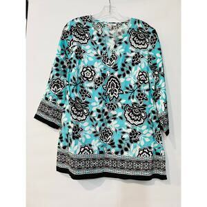 JM Collection Blouse Womens size 12 Blue100% Linen Floral V Neck 3/4 Sleeves